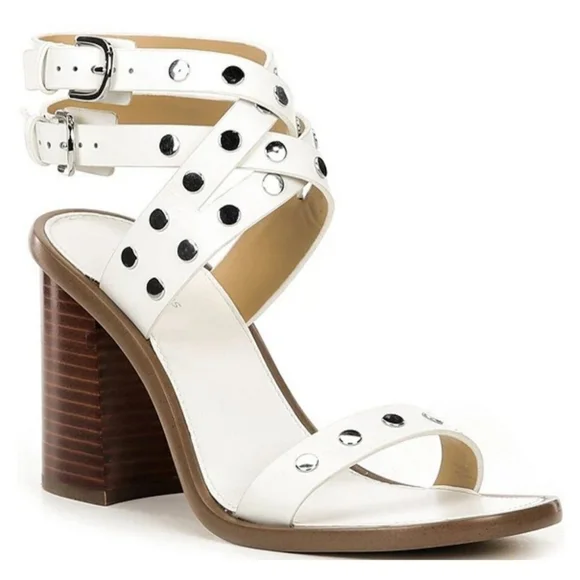Michael Kors Heeled Sandals 7.5 White Woven Leather Irene Studded Silver New$195